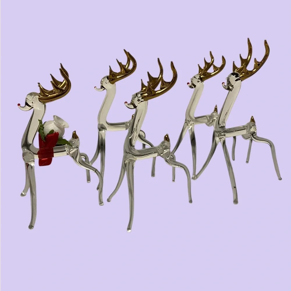 Vintage Reindeer 22 K Gold Overlay Hand Blown Glass Reindeer 5 Piece Set Clear